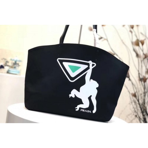 Prada 1BG218 Monkey Printed Canvas Tote Bags Black