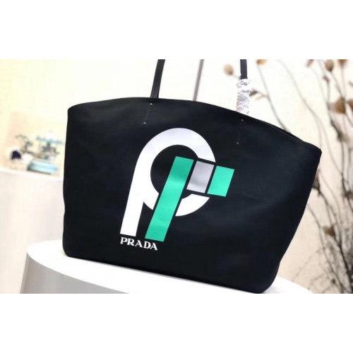 Prada 1BG218 Flag Printed Canvas Tote Bags Black