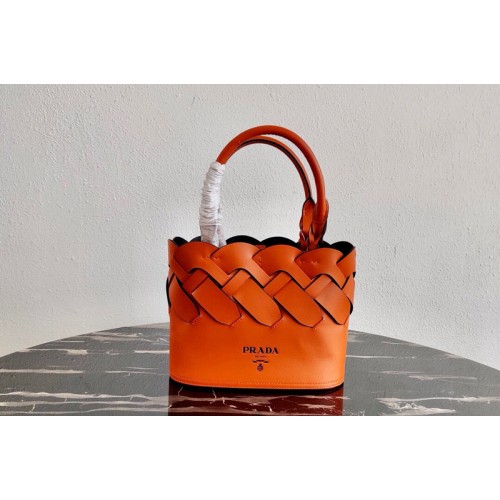 Prada 1BG318 Leather Prada Tress Tote Bag in Papaya Black Woven Leather