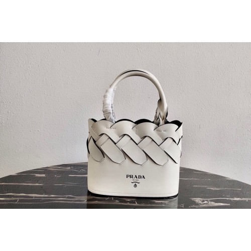 Prada 1BG318 Leather Prada Tress Tote Bag in White Black Woven Leather
