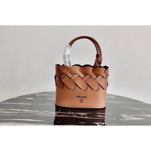 Prada 1BG318 Leather Prada Tress Tote Bag in Cognac Black Woven Leather