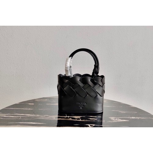 Prada 1BG318 Leather Prada Tress Tote Bag in Black Woven Leather