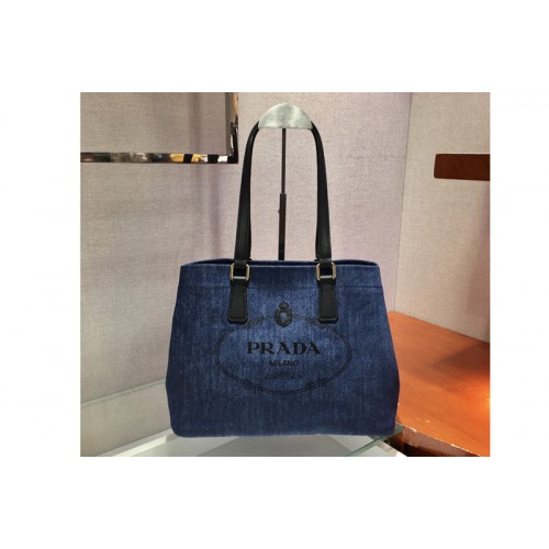 Prada 1BG356 Small linen blend and leather tote bag in Blue Linen blend and calf leather