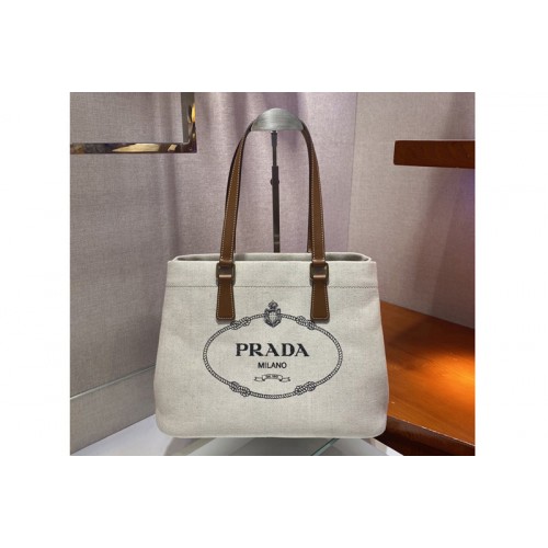 Prada 1BG356 Small linen blend and leather tote bag in White Linen blend and calf leather