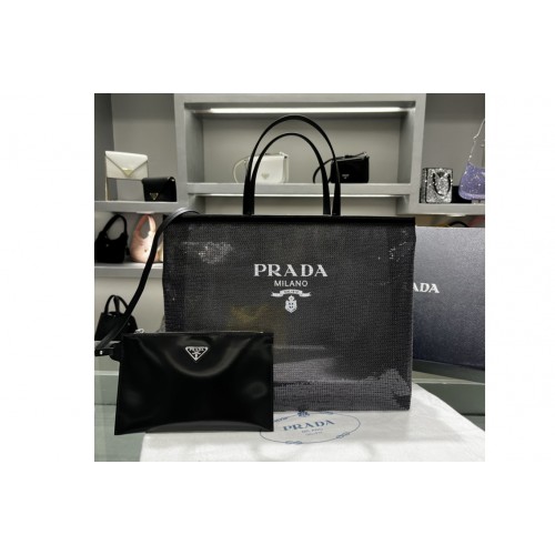 Prada 1BG416 Sequined mesh tote bag in Black Fabric Leather