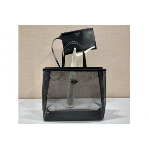 Prada 1BG416 Sequined mesh tote bag in Black Fabric Leather