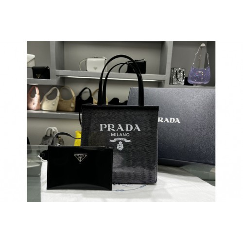 Prada 1BG417 Small sequined mesh tote bag in Black Fabric Leather Prada 1BG417 Small sequined mesh tote bag in Black Fabric Leather