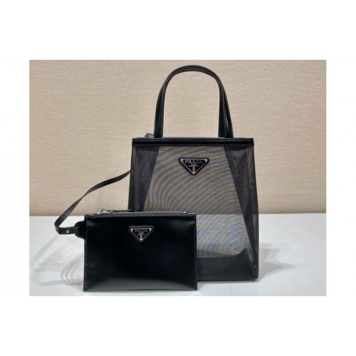 Prada 1BG417 Small sequined mesh tote bag in Black Fabric Leather