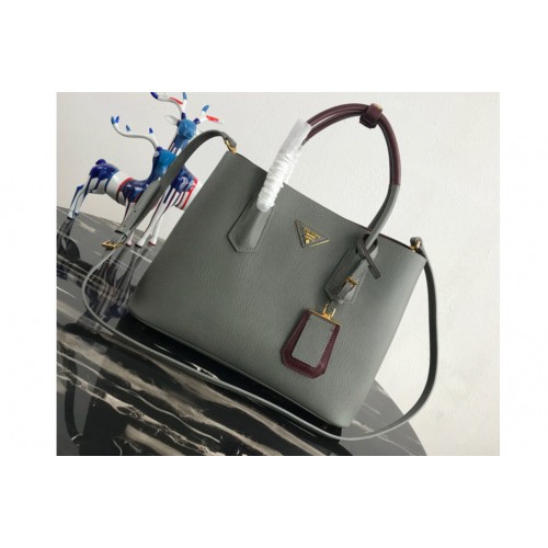Prada 1BG775 Double Medium Bag in Gray Burgundy Saffiano leather