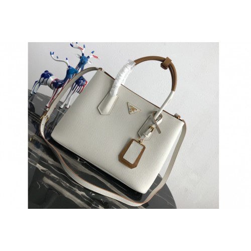 Prada 1BG775 Double Medium Bag in White Brown Saffiano leather