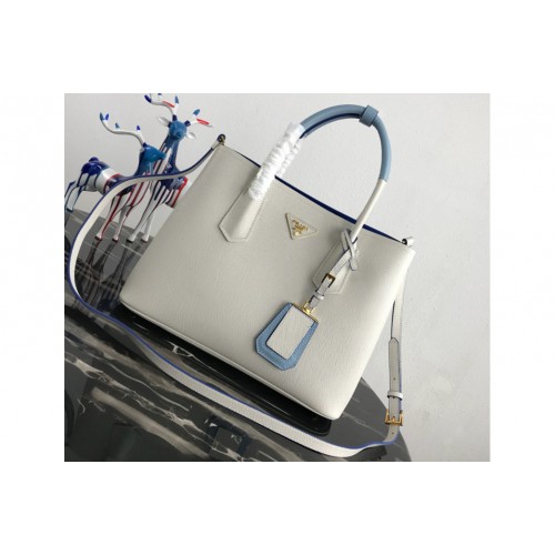 Prada 1BG775 Double Medium Bag in White Blue Saffiano leather