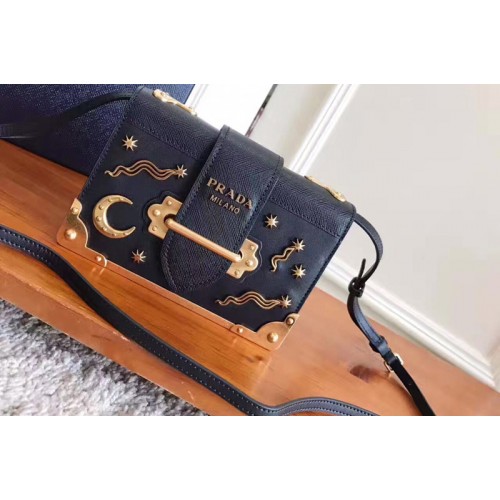 Prada 1BH018 Leather Prada Cahier Bag in Black Leather