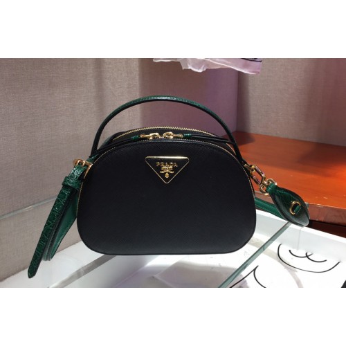 Prada 1BH123 Odette Saffiano leather bags Black Green Saffiano leather