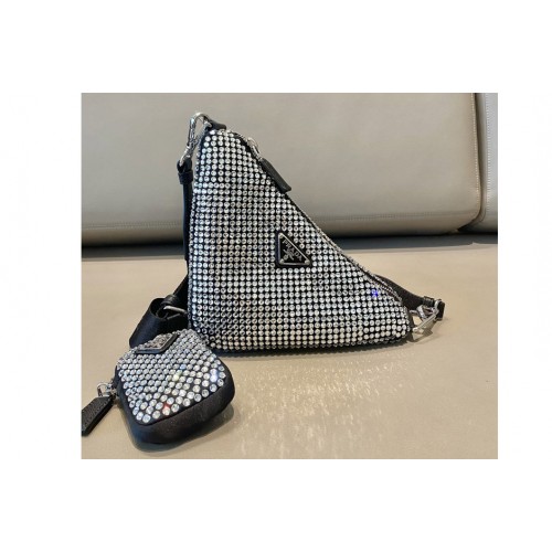 Prada 1BH190 Prada Triangle shoulder bag with artificial crystals On Black Nylon