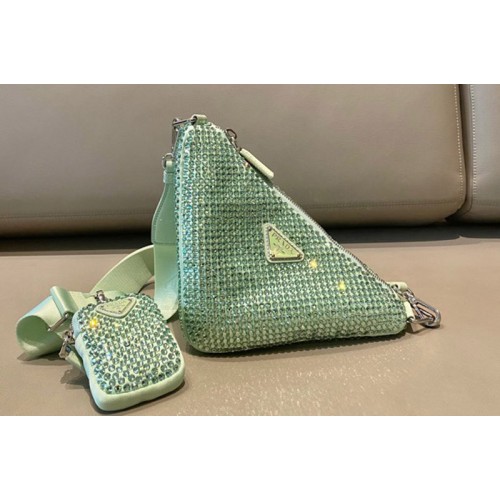 Prada 1BH190 Prada Triangle shoulder bag with artificial crystals On Green Nylon