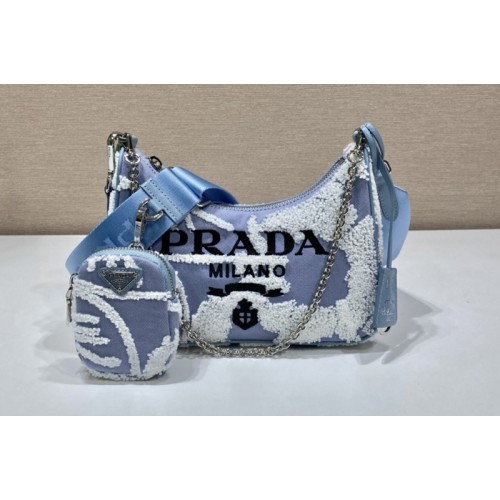 Prada 1BH204 Prada Re-Edition 2006 embroidered drill shoulder bag in Sky Blue White Fabric Prada 1BH204 Prada Re-Edition 2006 embroidered drill shoulder bag in Sky Blue White Fabric