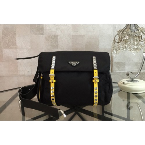 Prada 1BL013 Black Belt Bag New Vela In Black Nylon With Yellow Leather