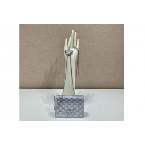 Prada 1MR024 Cardholder with shoulder strap and crystals on Silver