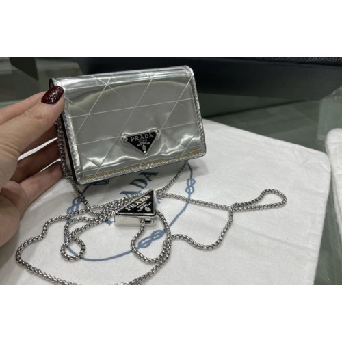Prada 1MR028 Metallic leather card holder with shoulder strap in Silver Leather