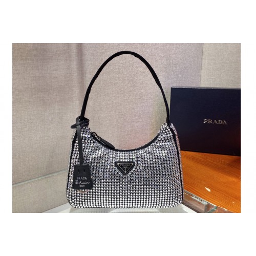 Prada 1NE515 Satin mini-bag with artificial crystals in Black Fabric