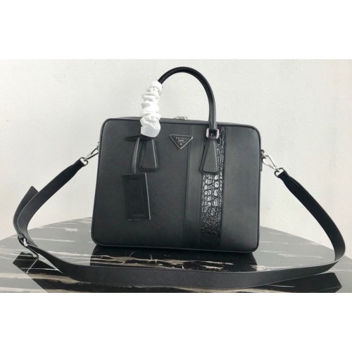 Prada 1VE011 Saffiano Leather Briefcase Bag in Black Saffiano leather
