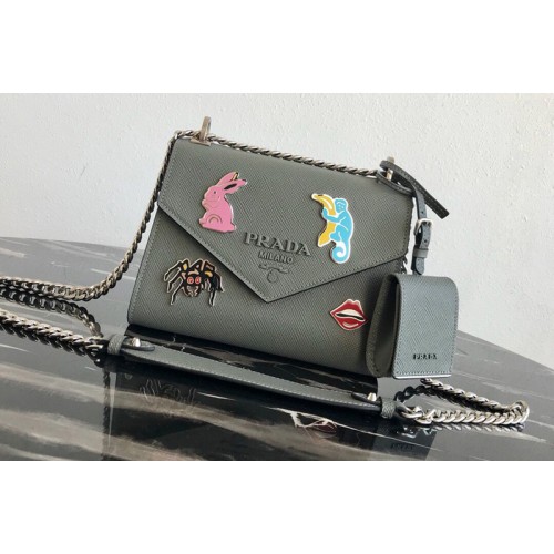 Prada 1BD127 Saffiano Leather Prada Monochrome Bag with appliques in Gray Saffiano leather Prada 1BD127 Saffiano Leather Prada Monochrome Bag with appliques in Gray Saffiano leather