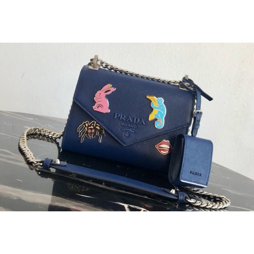 Prada 1BD127 Saffiano Leather Prada Monochrome Bag with appliques in Blue Saffiano leather