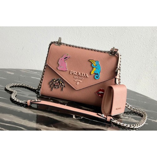 Prada 1BD127 Saffiano Leather Prada Monochrome Bag with appliques in Pink Saffiano leather Prada 1BD127 Saffiano Leather Prada Monochrome Bag with appliques in Pink Saffiano leather