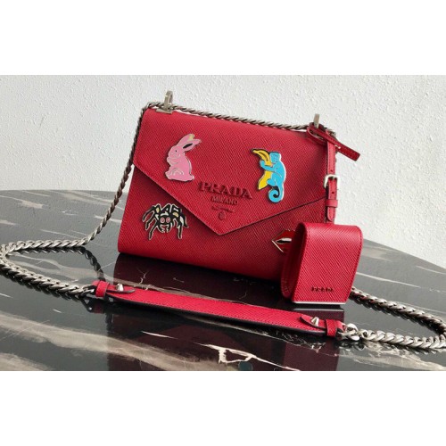 Prada 1BD127 Saffiano Leather Prada Monochrome Bag with appliques in Red Saffiano leather