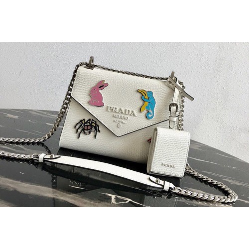 Prada 1BD127 Saffiano Leather Prada Monochrome Bag with appliques in White Saffiano leather