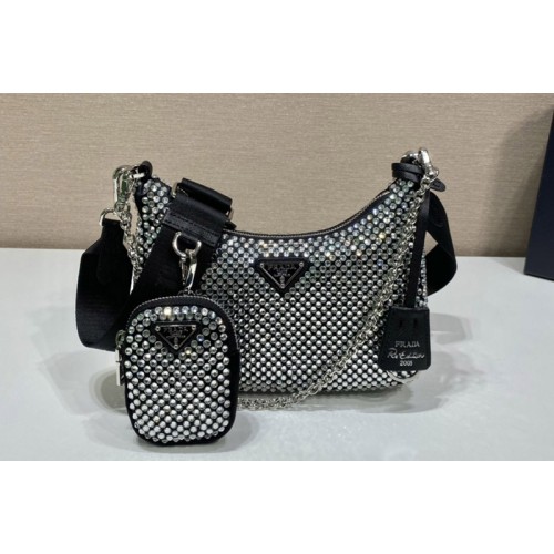 Prada 1BH204 Prada Re-Edition 2005 Re-Nylon bag with artificial crystals On Black Nylon