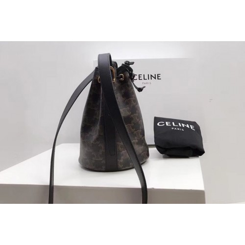 Celine SMALL DRAWSTRING BAG IN TRIOMPHE CANVAS With Black Leather