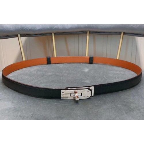 Womens Hermes 17mm Kelly Belts Silver Buckle in Black Epsom Leather
