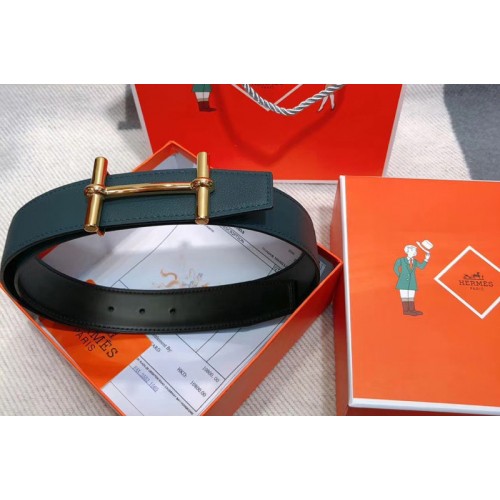 Mens Hermes 38mm H dAncre Reversible belt Gold Buckle in Blue Togo Leather