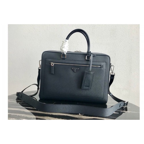 Prada 2VE016 Saffiano Leather Briefcase Bag in Navy Blue Saffiano leather