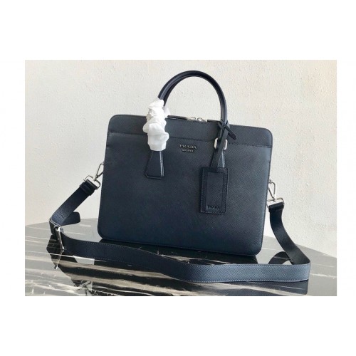 Prada 2VE366 Saffiano Leather Briefcase Bag in Navy Blue Saffiano leather