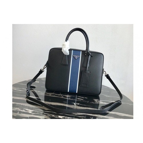 Prada 2VE368 Saffiano Leather Briefcase Bag in Black Saffiano leather With Blue Web