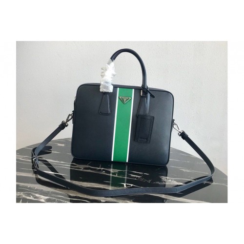 Prada 2VE368 Saffiano Leather Briefcase Bag in Black Saffiano leather With Green Web