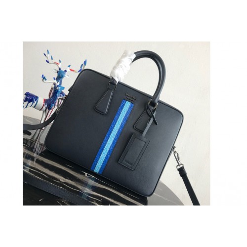 Prada 2VE368 Saffiano Leather Briefcase Bag in Navy Blue Saffiano leather With Blue Light Blue Web Prada 2VE368 Saffiano Leather Briefcase Bag in Navy Blue Saffiano leather With Blue Light Blue Web