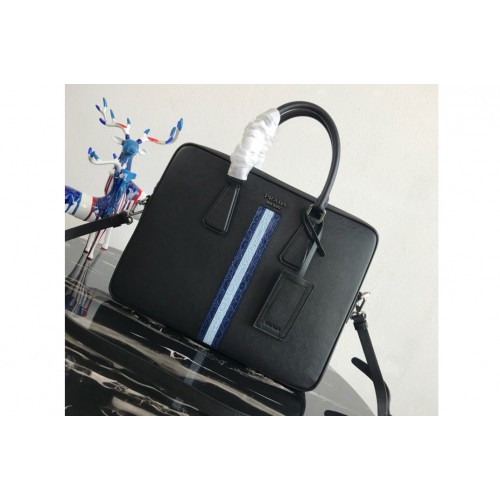 Prada 2VE368 Saffiano Leather Briefcase Bag in Black Saffiano leather With Blue Light Blue Web
