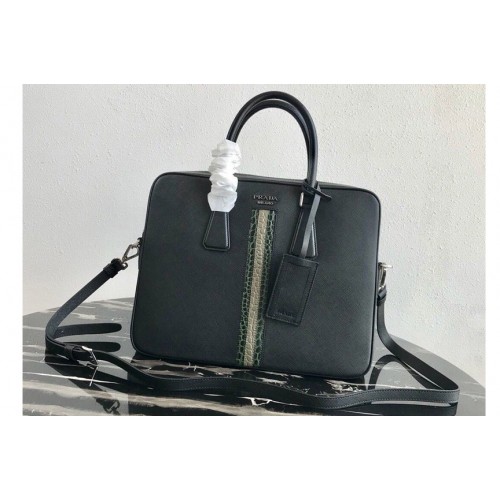 Prada 2VE368 Saffiano Leather Briefcase Bag in Black Saffiano leather With Green Beige Web Prada 2VE368 Saffiano Leather Briefcase Bag in Black Saffiano leather With Green Beige Web
