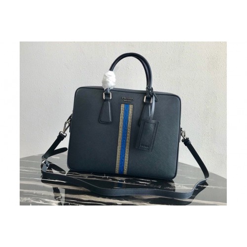Prada 2VE368 Saffiano Leather Briefcase Bag in Navy Blue Saffiano leather With Gray Blue Web