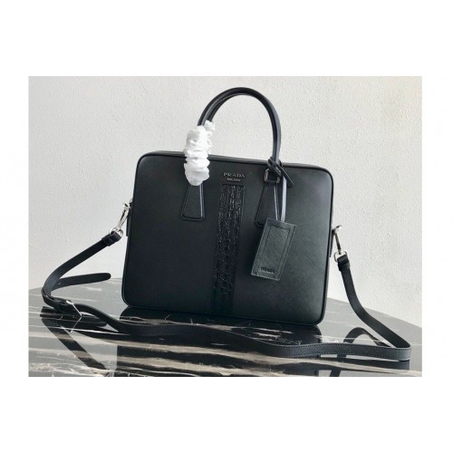 Prada 2VE368 Saffiano Leather Briefcase Bag in Black Saffiano leather With Black Web Prada 2VE368 Saffiano Leather Briefcase Bag in Black Saffiano leather With Black Web