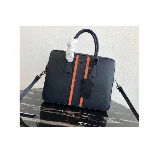 Prada 2VE368 Saffiano Leather Briefcase Bag in Navy Blue Saffiano leather With Orange Web Prada 2VE368 Saffiano Leather Briefcase Bag in Navy Blue Saffiano leather With Orange Web