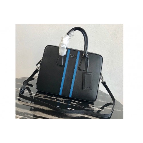 Prada 2VE368 Saffiano Leather Briefcase Bag in Black Saffiano leather With Blue Web Prada 2VE368 Saffiano Leather Briefcase Bag in Black Saffiano leather With Blue Web