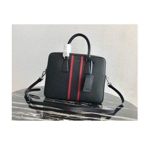 Prada 2VE368 Saffiano Leather Briefcase Bag in Black Saffiano leather With Red Web Prada 2VE368 Saffiano Leather Briefcase Bag in Black Saffiano leather With Red Web