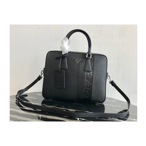 Prada 2VE368 Saffiano Leather Briefcase Bag in Black Saffiano leather With Black Web
