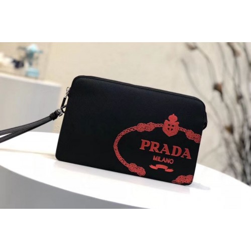 Prada 2VF056 Saffiano Leather Clutch With Red Logo Print Black Prada 2VF056 Saffiano Leather Clutch With Red Logo Print Black