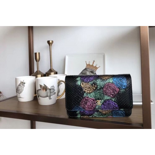 Chanel WOC Original Python Leather Flap Cross-body bags 33814 Black Flower Gold Chain