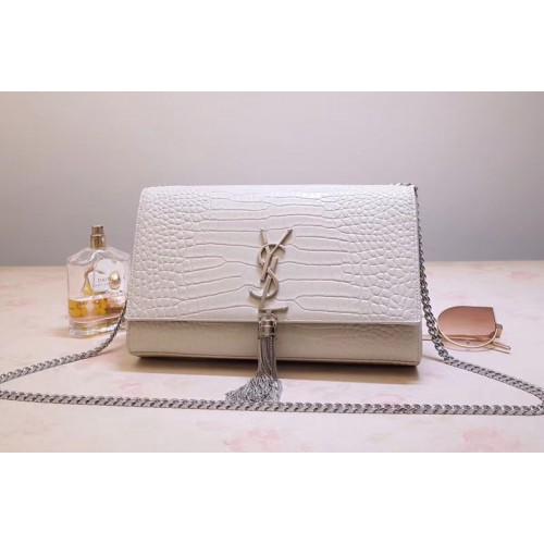YSL Medium Kate Tassel Chain Bag White Crocodile Embossed Leather